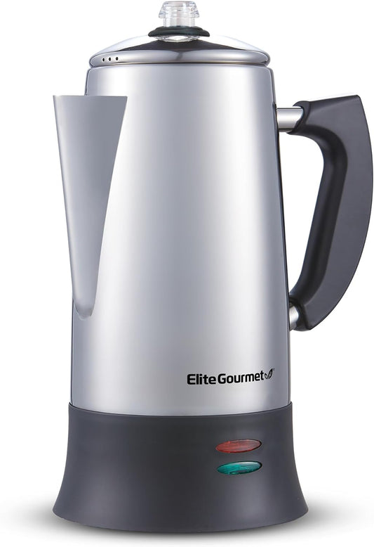 Elite Gourmet EC924 Electric Coffee Percolator, BPA Free, Keep Warm, Clear Brew Progress Knob, Cool-Touch Handle, Cordless Serve, 12-Cup, Stainless Steel