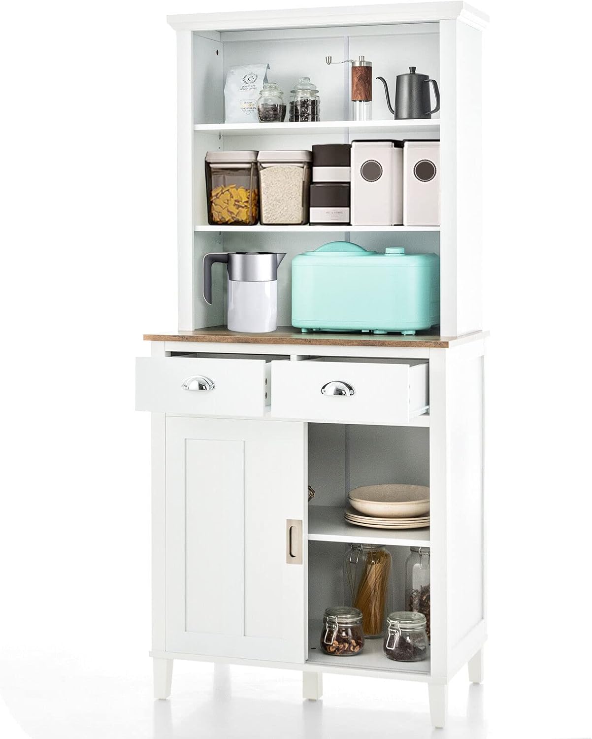 White Kitchen Buffet Pantry Storage Cabinet Anti-Toppling Design 5 Solid Wooden Legs 3 Level Adjustable Shelves Ample Storage Space for Storing Small Appliances Utensils Kitchenware Dinnerware