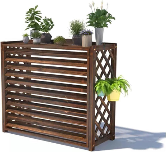 Outdoor Wooden Air Conditioner Rack with Anti-Theft Cover, Carbonized Wood AC Fence for External Units