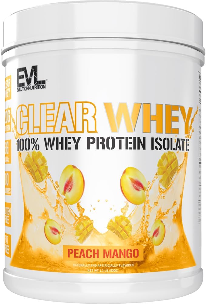 Evlution Nutrition Clear Whey - 100% Whey Protein Isolate - for Muscle Growth, Strength & Recovery - 20g Isolate Protein Per Serving - Fast Absorbing - Gluten & Fat Free - 1.1lb - Peach Mango