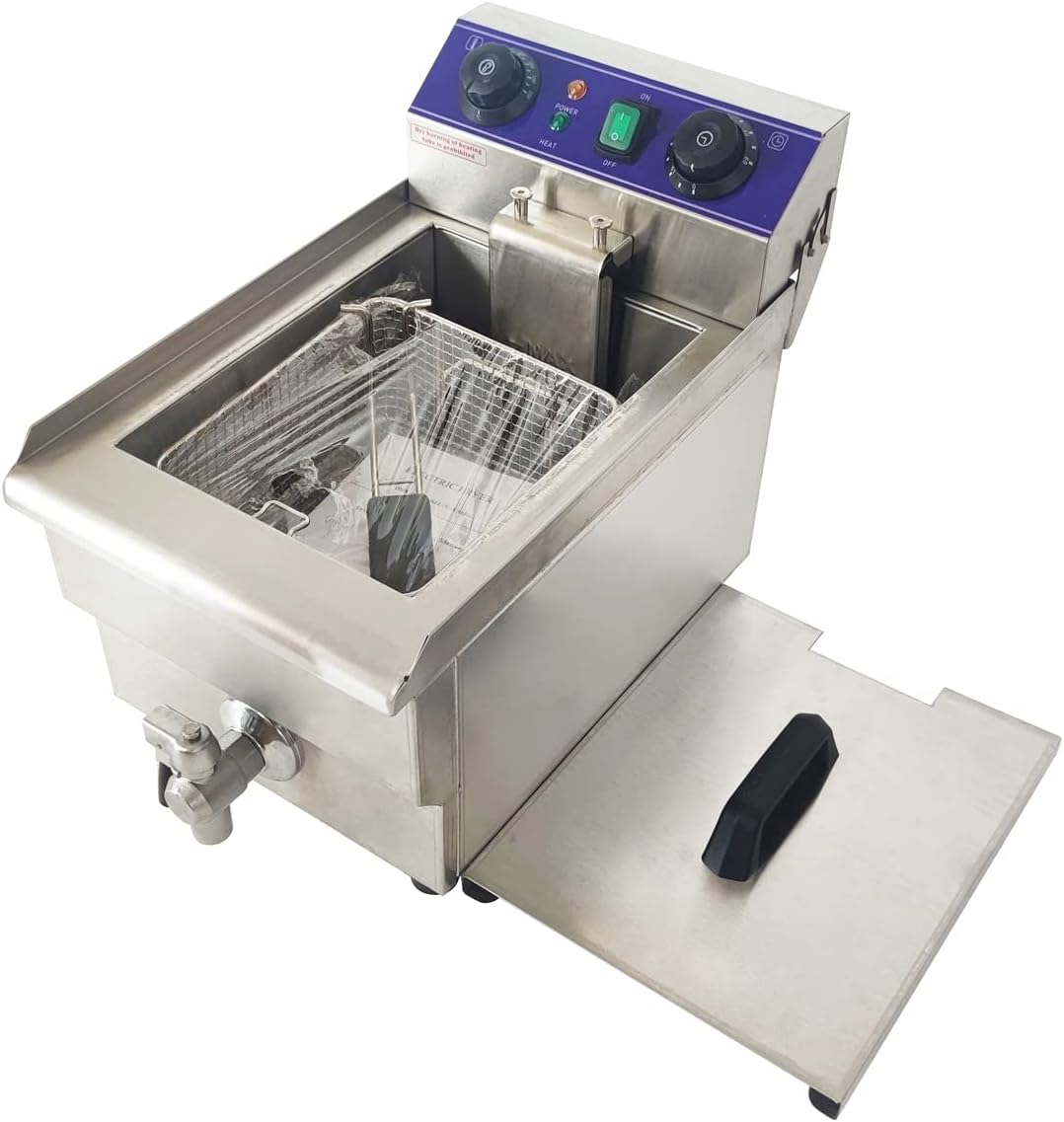 Electric Deep Fryer 10L Stainless Steel Countertop Fryer with Basket and Oil Nozzle for Restaurant Snack Bar 50-200°C 110V 1600W