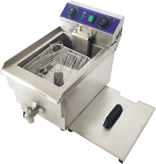 Electric Deep Fryer 10L Stainless Steel Countertop Fryer with Basket and Oil Nozzle for Restaurant Snack Bar 50-200°C 110V 1600W