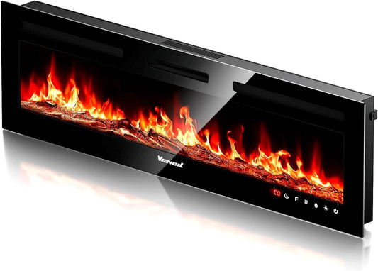 Electric Fireplace 60Inch,Wall Mounted Electric Fireplace Heater with Timer Inserts，TV Stand Touch Screen and Realistic Flame,Log Set,Crystal Flames 750 to 1500W，Remote for Living Room