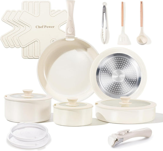 Chef Power Ceramic Cookware Set Non Toxic with Detachable Handles, Healthy Nonstick Pans and Pots Set 19 Pcs, Induction Dishwasher Oven Safe Kitchen Set, PFAS PFOA & PTFE Free, Cream White