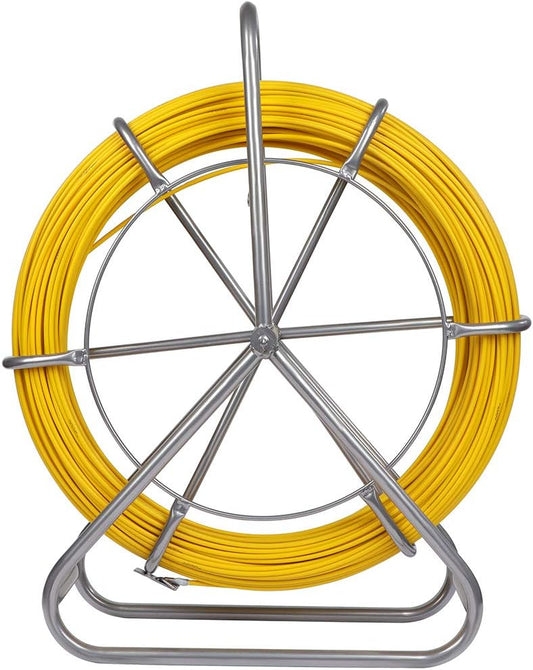 FAHKNS 425FT Fish Tape Fiberglass 1\/4 inch(6MM) Fishing Wire Puller Duct Rodder Cable Running Electrical Fishtape Tool Rod with Steel Reel Stand Through Wall Pipe Length Marking in Meter