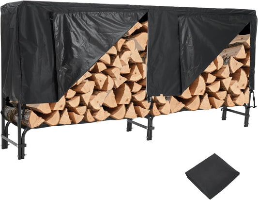 FinerFurnis 8FT Firewood Rack Outdoor with Waterproof Cover, Heavy Duty Firewood Holder, Anti Rust Black Powder Coated Steel Log Wood Rack for Backyard, Deck, Garden - Oxford Fabric