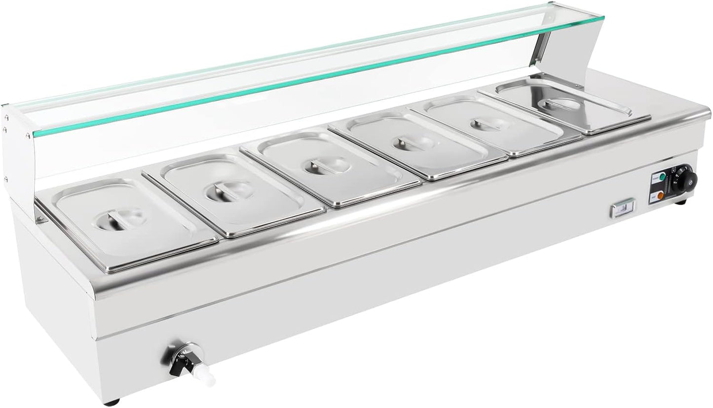 MuChaIOAK 6-Pan Food Warmer - Stainless Steel Steam Table with Tempered Glass Shield - 110V 1.2KW