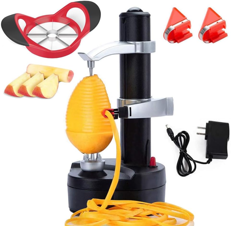 Electric Potato Peeler Automatic Apple Peeler, Smart Vegetable Fruit Peeler Machine, Stainless Steel Kitchen Peeling Tool [1 Adapter 2 Extra Blades] with Apple Slicer Corer (Black-R)