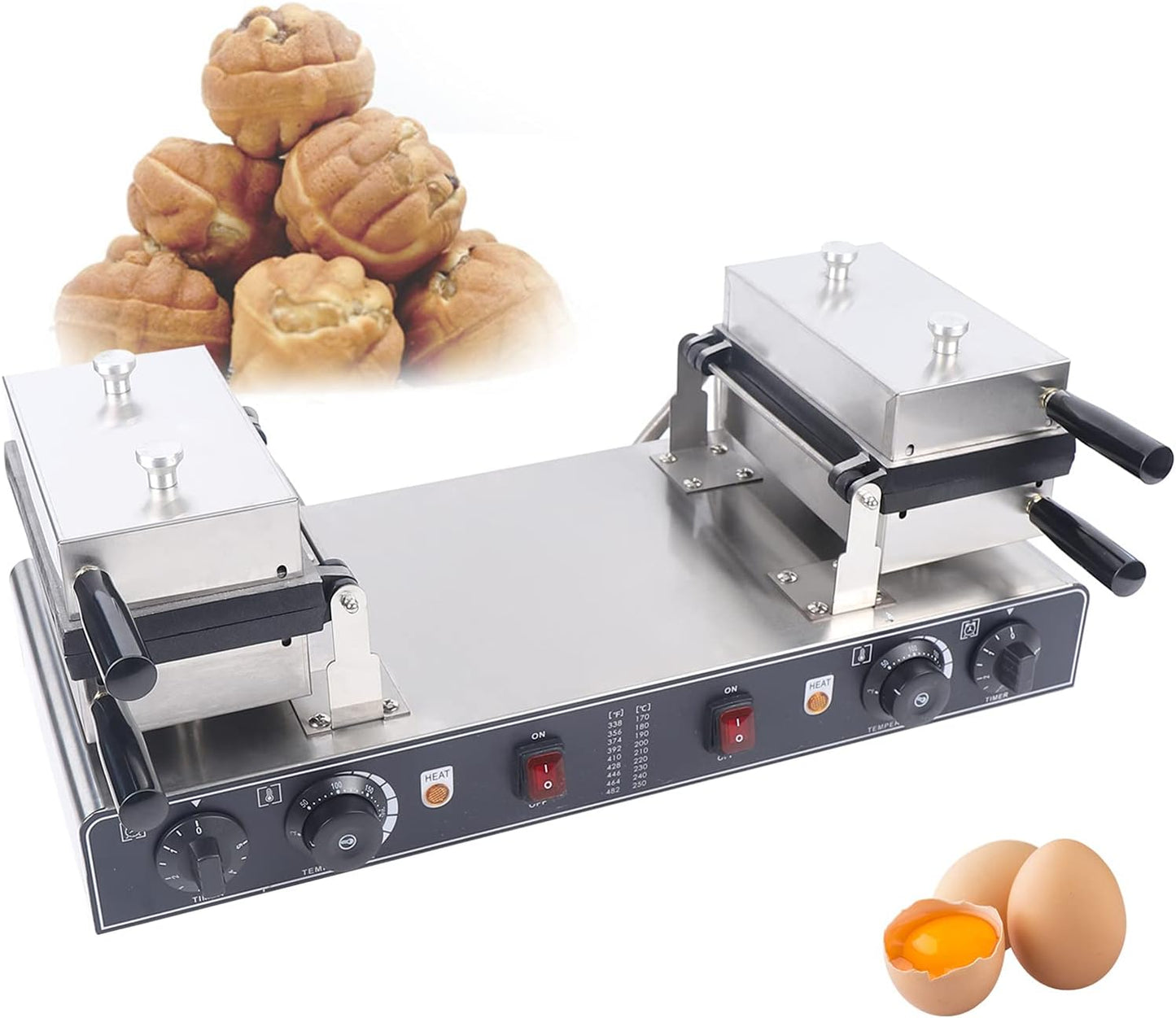 10Pcs Commercial Flip Walnut Shape Waffle Maker, 10Pcs Non-Stick Stainless Steel 1500W Walnut Sweet Cake Machine, Use for Restaurant Snack Bar Household, Making Breakfast or Desserts