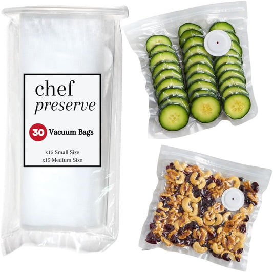 Chef Preserve Reusable Vacuum Sealer Bags for Food \u2013 30 BPA-Free Food Storage Bags, Freezer, Microwave \u2013 Odor-Resistant, Leak-Proof \u2013 Compatible with Chef Preserve Vacuum Sealers
