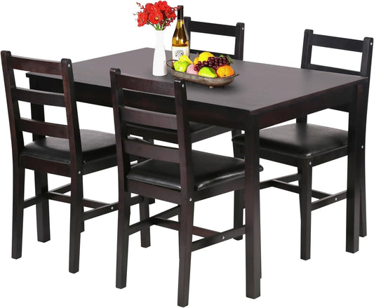 FDW | 5-Piece Solid Wood Dining Table Set for 4 | Brown | Pine Kitchen Table with Upholstered Chairs | Space-Saving Design | Smooth Easy-to-Clean Surface | for Dining Room, Apartment, Restaurant