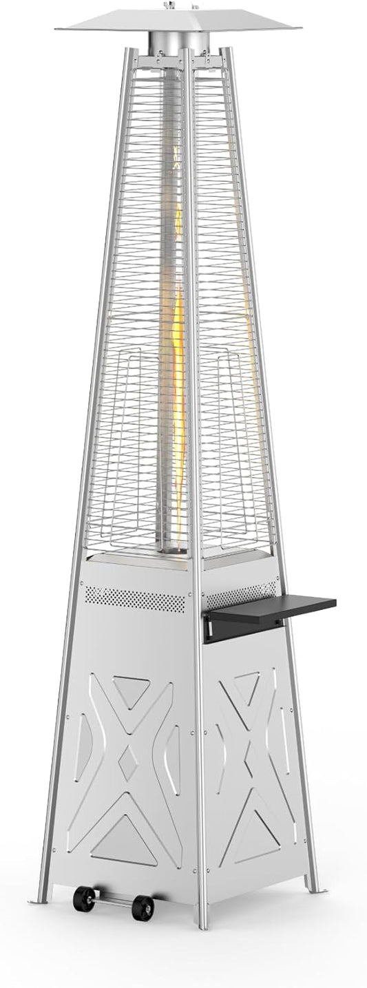 48,000 BTU Pyramid Patio Heater, Stainless Steel Outdoor Heater with 15-Foot Heat Diameter, Pulse Ignition & Triple Safety System, Includes 2 Wheels & 4 Ground Spikes for Deck, Garden, Cafe
