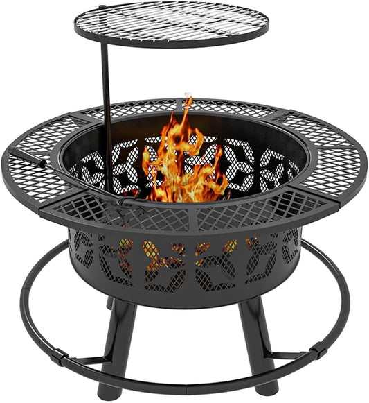 42 Inch 3-in-1 Fire Pit with 2 Grills, Extra Large Wood Burning Fire Pit with Adjustable BBQ Grill & Metal Table Top, Outdoor Fireplace for Patio, Garden, and Backyard Parties, Black
