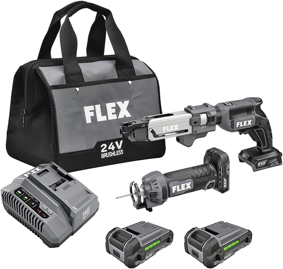 FLEX 24V Brushless Cordless 2-Tool Combo Kit: Drywall Screw Gun with Magazine and Cut Out Tool with (2) 2.5Ah Lithium Batteries and 160W Fast Charger - FXM203-2A