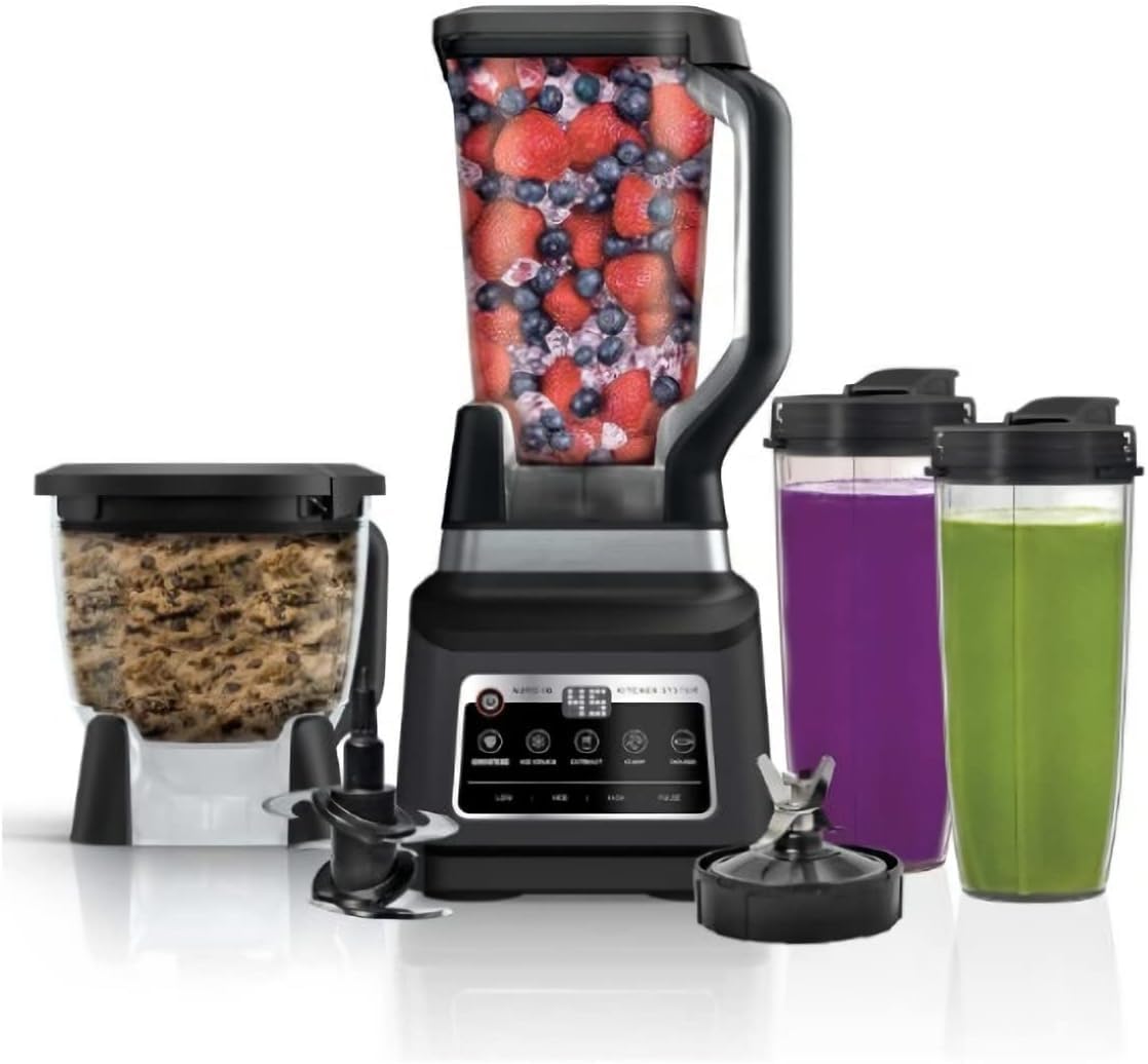 Ninja Pro Plus Kitchen System, 1400W, 5 in1: Smoothies, Chop, Dough, Auto IQ, 72oz Blender Pitcher, 64oz Processor Bowl, 2x32oz Cups, Black (BN805A)