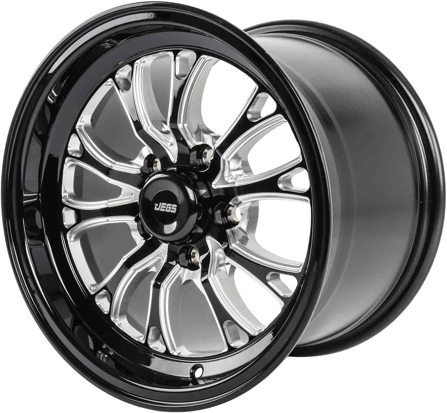 JEGS SSR Spike Wheel 15 x 10 | 5 x 4.5” Wheel Bolt Pattern Spacing | +51mm Offset | 7.5” Backspacing | Gloss Black with Milled Spoke Accents | 3.27” Center Bore