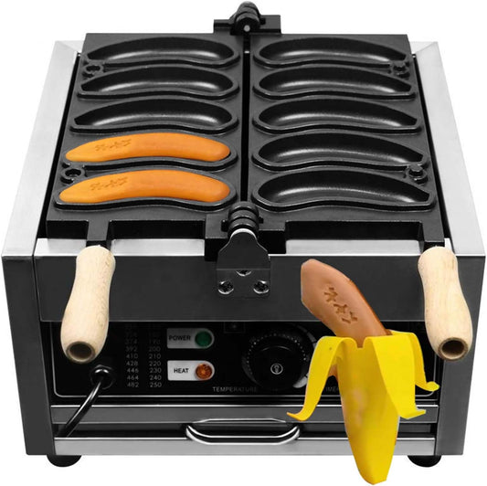 Electric Banana Shape Waffle Maker, Commercial Egg Hot Dog baker Waffle Machine, 5 Pcs Molds, Non-Stick Teflon Coating, 122-572℉/50-300℃ Adjustable