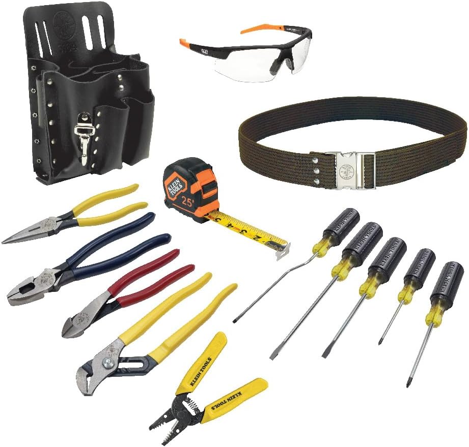 Klein Tools 80014 Electrician Tool Kit with Klein Hand Tools and Eye Protection, Comes in 8-Pocket Leather Tool Pouch, 14-Piece