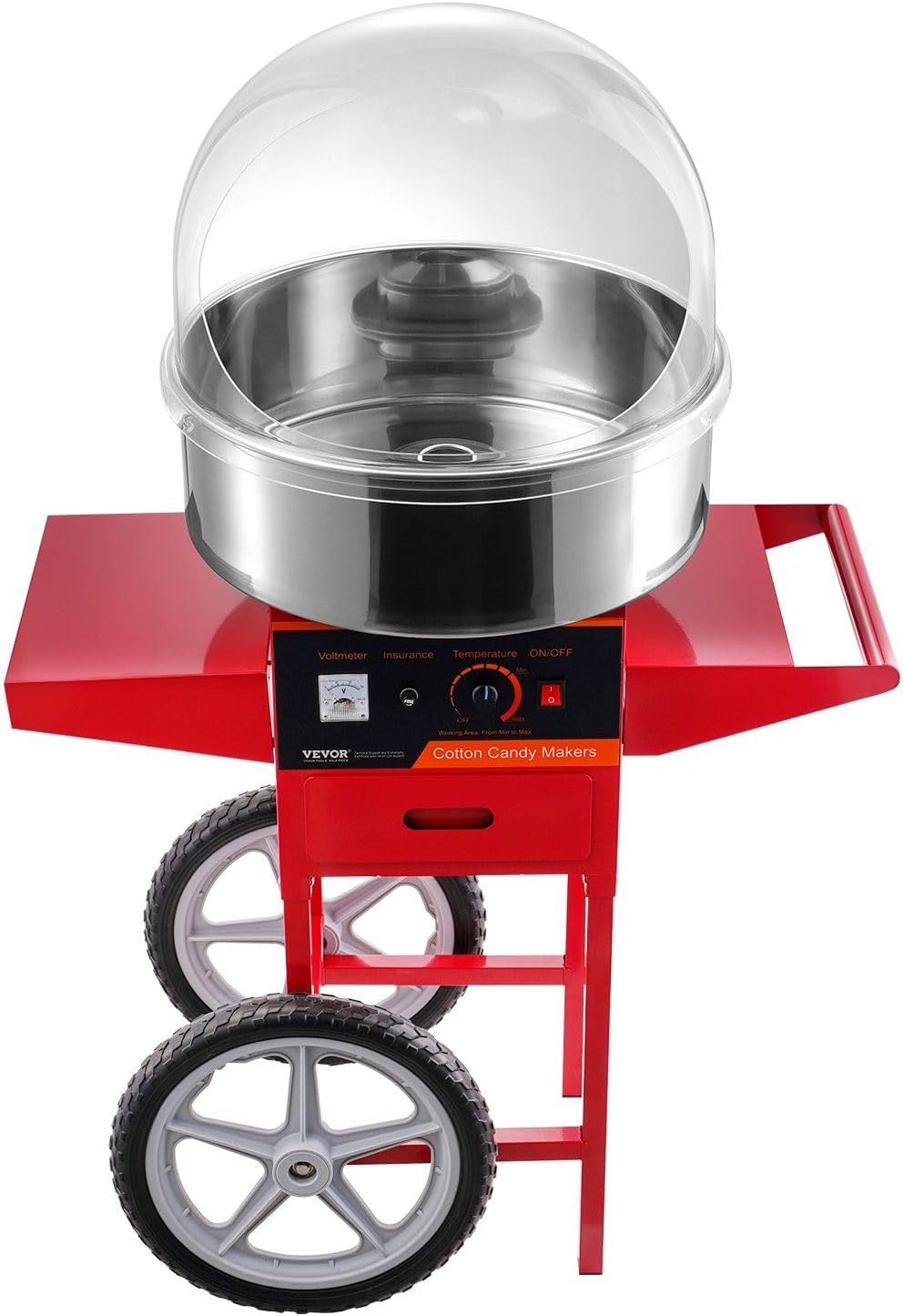 Electric Cotton Candy Machine with Cart, 1000W Commercial Candy Floss Maker with Cover, Stainless Steel Bowl, Sugar Scoop and Drawer, Perfect for Home, Kids Birthday, Family Party, Red