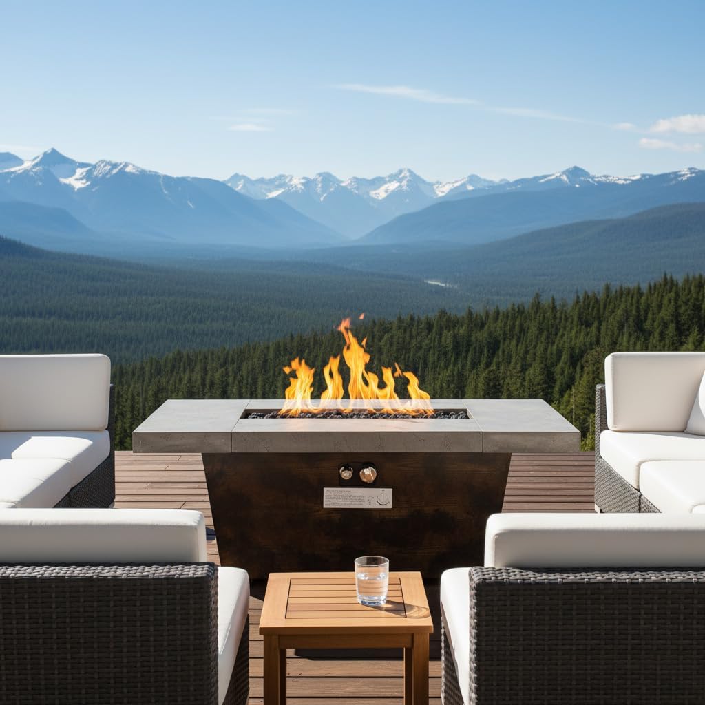 ESPIDOO 42 Inch Gas Fire Pit Table: 50000BTU Rectangle Fire Pit with Cement-Imitating Texture - 2-in-1 Outdoor Heating & Coffee Table for Boutique Hotel Patio & Backyard Social Gatherings