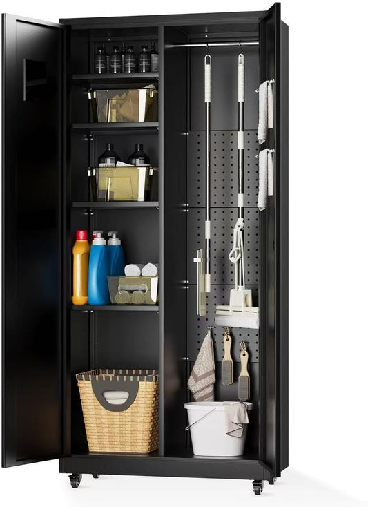 Metal Broom Closet, Garage Storage Cabinet, Tool Chest Bathroom Cabinet with Locking Doors and Wheels, 72" Tall Utility Cabinet with Hanging Rod, Freestanding Storage Cabinet for Cleaning Supplies