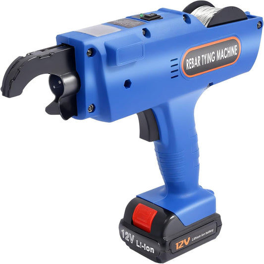 Rebar Tying Machine, 8-34mm Automatic Electric Reinforcing Rebar Tier Gun Handheld Cordless Steel Bar Tying Tool Kit Tightness Adjustable Steel Strapping Tool Set w\/2 Batteries & Recharger (Blue)