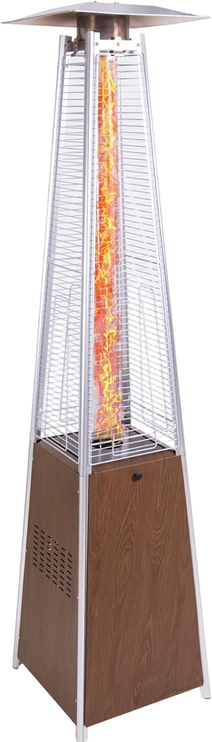 48,000 BTU Outdoor Heater with Detachable Wheels Protective Cover Triple Safety Protection Portable Adjustable Button Pyramid-Shaped Patio Heater for Terrace Garden Stainless Steel Glass Brown