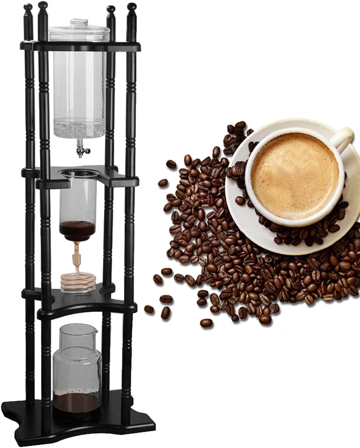 2L/67.63oz Household Ice Dripper Coffee Maker, 25 Cups Cold Brew Drip Coffee Tower, Pine Wood Handmade Glass Cold Brew Maker, Ice Drip Coffee Machine for Coffee Shop
