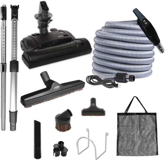 OVO Central Vacuum Carpet Deluxe Kit, 50ft ON\/Off High-Voltage Hose with Pigtail, Deluxe 6 Adjustable Height Electric Carpet Beater, 12\u2019\u2019 Premium Floor Brush, Cleaning Tools and Easy Storage Acc.