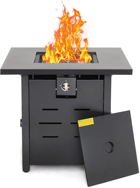 Valita Gas Fire Pit 28\u201D Propane FirePit Table Adjustable 50,000 BTU with Square Tabletop Coffee Table and Bonfire Pit for Patio Deck Garden Backyard (Black)