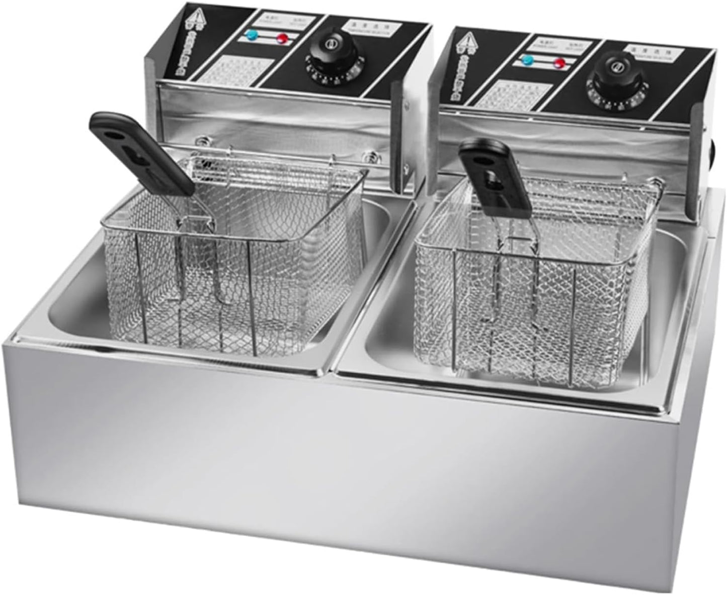 Electric Double Cylinder Deep Fryer Dual 6L Stainless Steel Oil Tanks, Temperature Control Range 60°C-200°C for Restaurants, Supermarkets