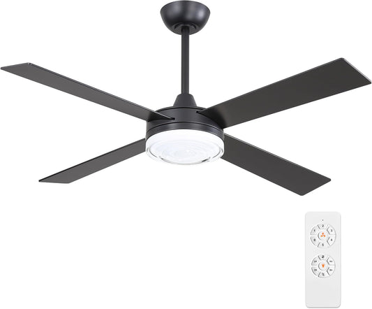 WINGBO 52 Inch Ceiling Fan with Lights and Remote, 3CCT, Modern Ceiling Fan with Ripple Glass Shade, 6-Speed Reversible DC Motor for Bedroom Living Room Kitchen Hallway, Matte Black