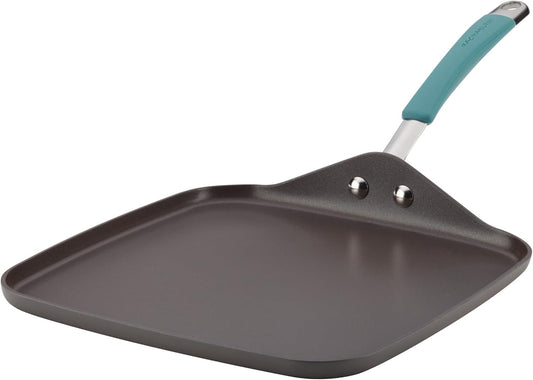 Rachael Ray Cucina Hard Anodized Nonstick Griddle Pan\/Flat Grill, 11 Inch, Gray with Agave Blue Handle