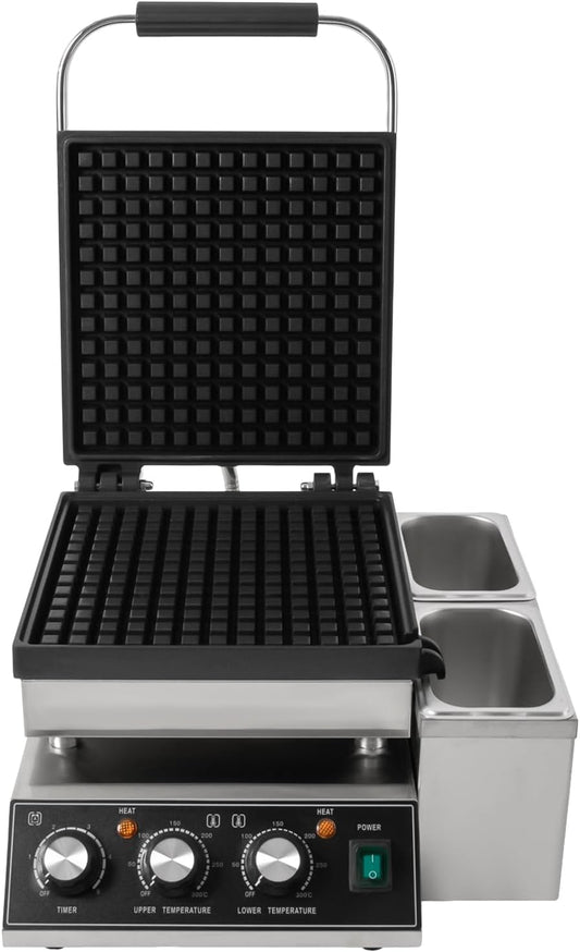 Commercial Waffle Maker Nonstick Rectangle Stainless Steel Electric Waffle Machine Temperature and Time Control with Oil Spill Chute for Bakery Restaurant Household or Snack Bar 2200W 110V (G)