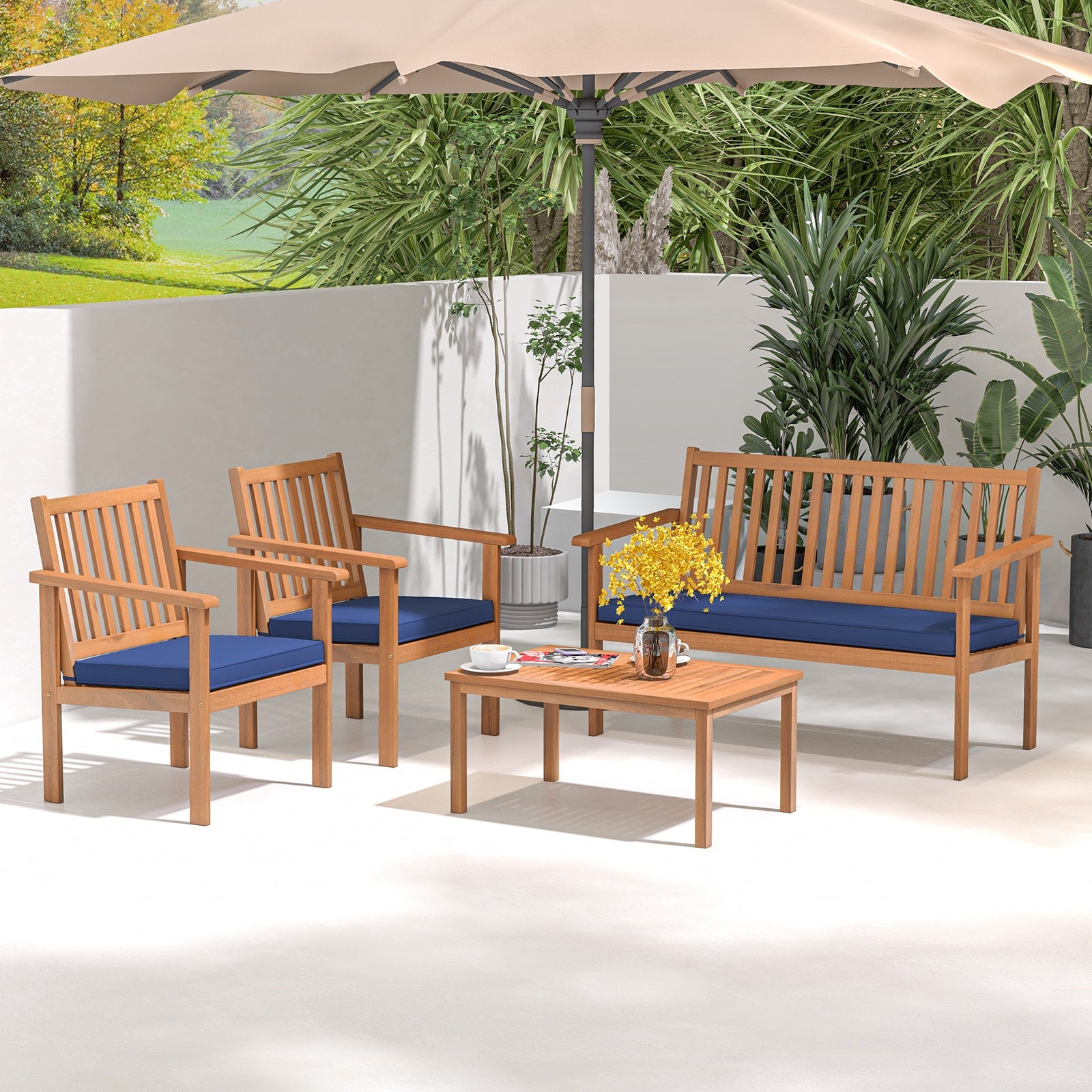 Forclover 4 -Piece Patio Conversation Set with Blue Cushions