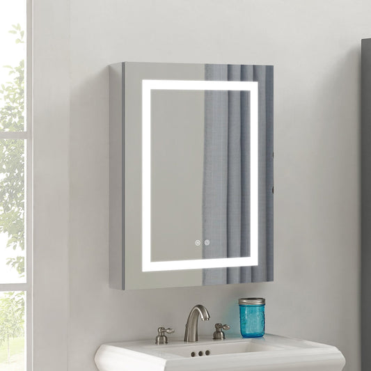 Forclover 24-in x 30-in Lighted LED Fog Free Surface/Recessed Mount Silver Mirrored Rectangle Soft Close Medicine Cabinet