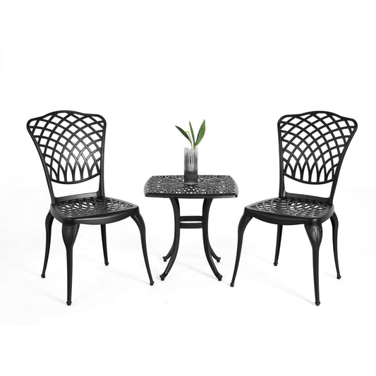 AHIOU HOME Berkeley 3 -Piece Black Bistro Patio Dining Set Aluminum Square Table with 2 Stationary Chairs