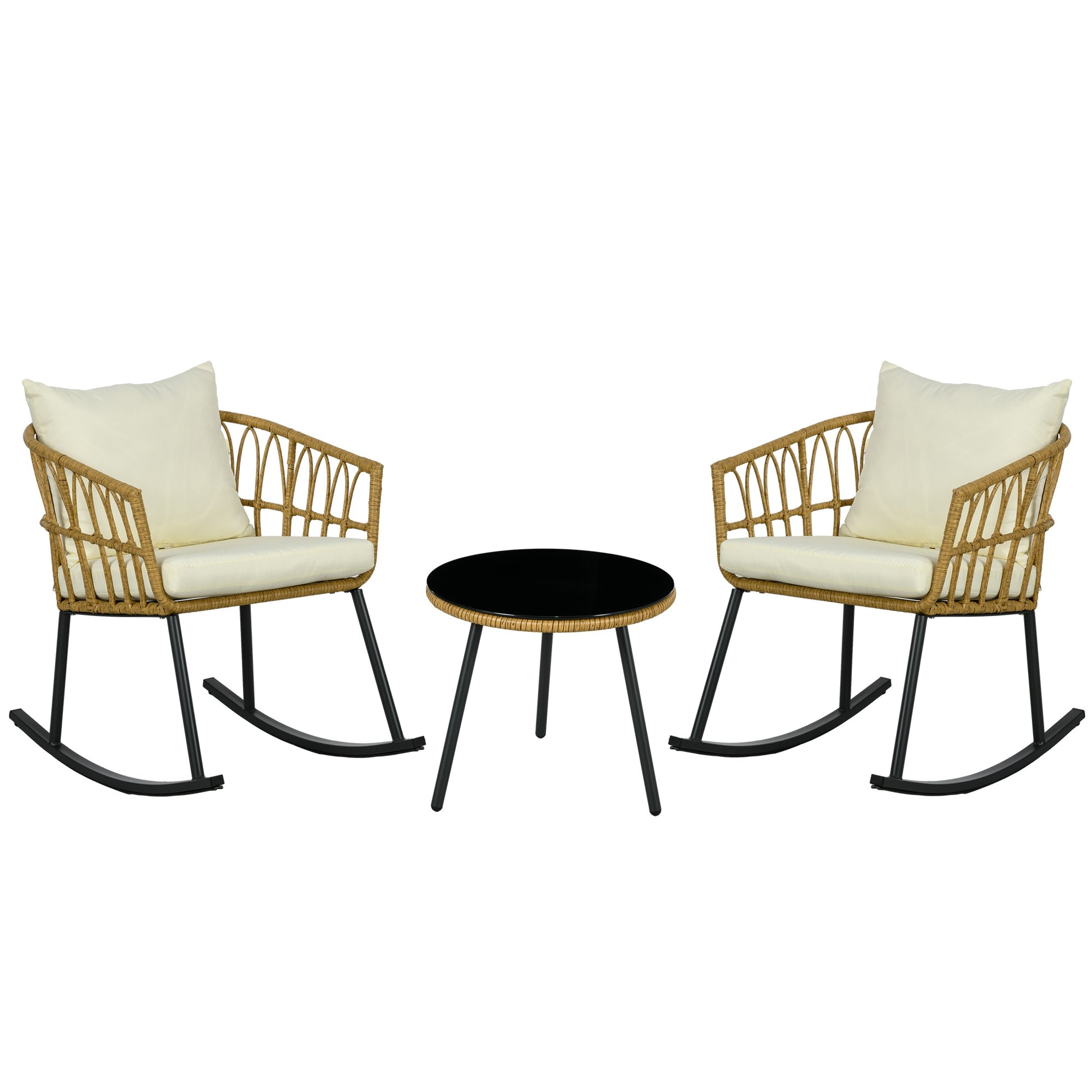 Damerin Patio Chairs Set of 2 Wicker Cream White Wicker Frame Stationary Rocking Chair with Off-white Woven Seat