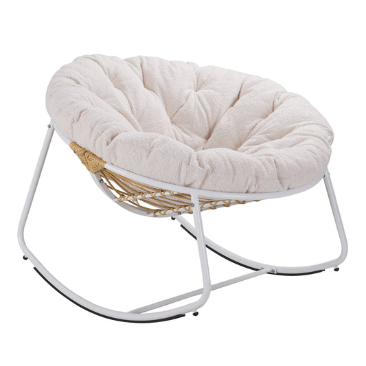 CESICIA Patio Chairs Wicker Beige Metal Frame Rocking Chair with Off-white Cushioned Seat