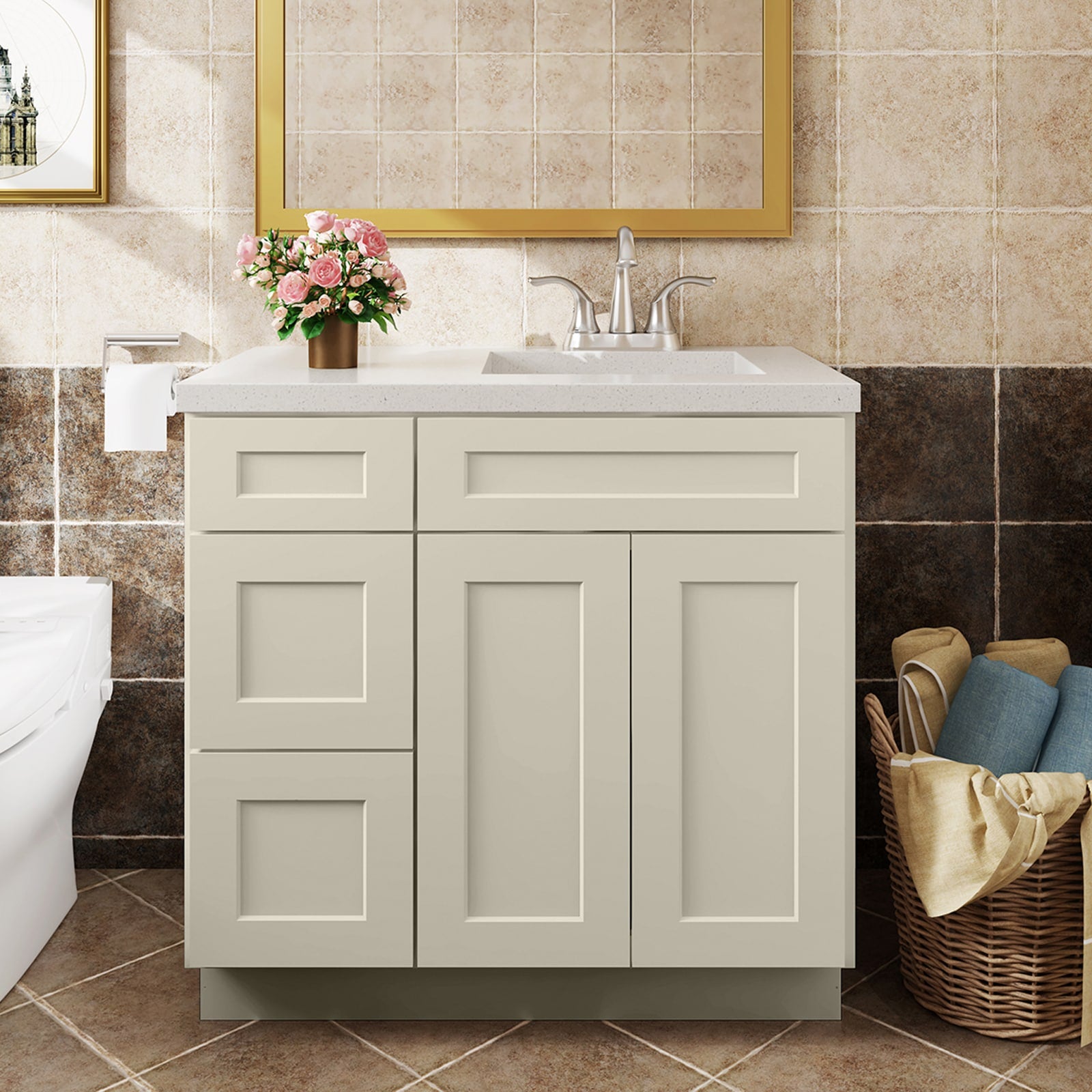 LOVMOR 36-in W x 24-in D x 34.5-in H in Antique White Plywood Ready to Assemble Floor Bathroom Vanity Base Cabinet without Top