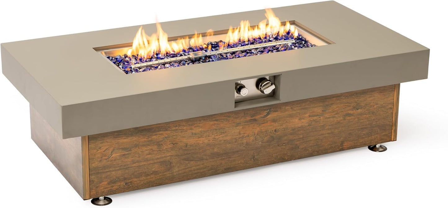48" Propane Fire Pit Table, 50000 BTU Outdoor Fire Pit with Wood Grain Steel Table & Blue Glass Rocks, Includes Waterproof Cover for Patio, Deck, Backyard Garden