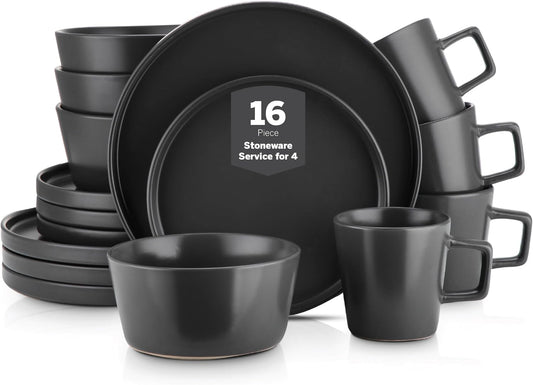 Stone Lain Celina Stoneware 16 Piece Dinnerware Set, Plates and Bowls, Black Matte Dish, Service for 4 \u2013 Minimalist Round Style, Microwave & Dishwasher Safe