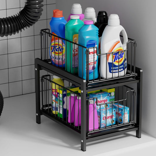 2 Tier Sliding Basket Drawer Organizer, Lxmons Pull Out Under Sink Cabinets Organizers, Metal Home Shelf for Bathroom or Kitchen, Sliding Countertop or Pantry Storage Shelf, Large Black