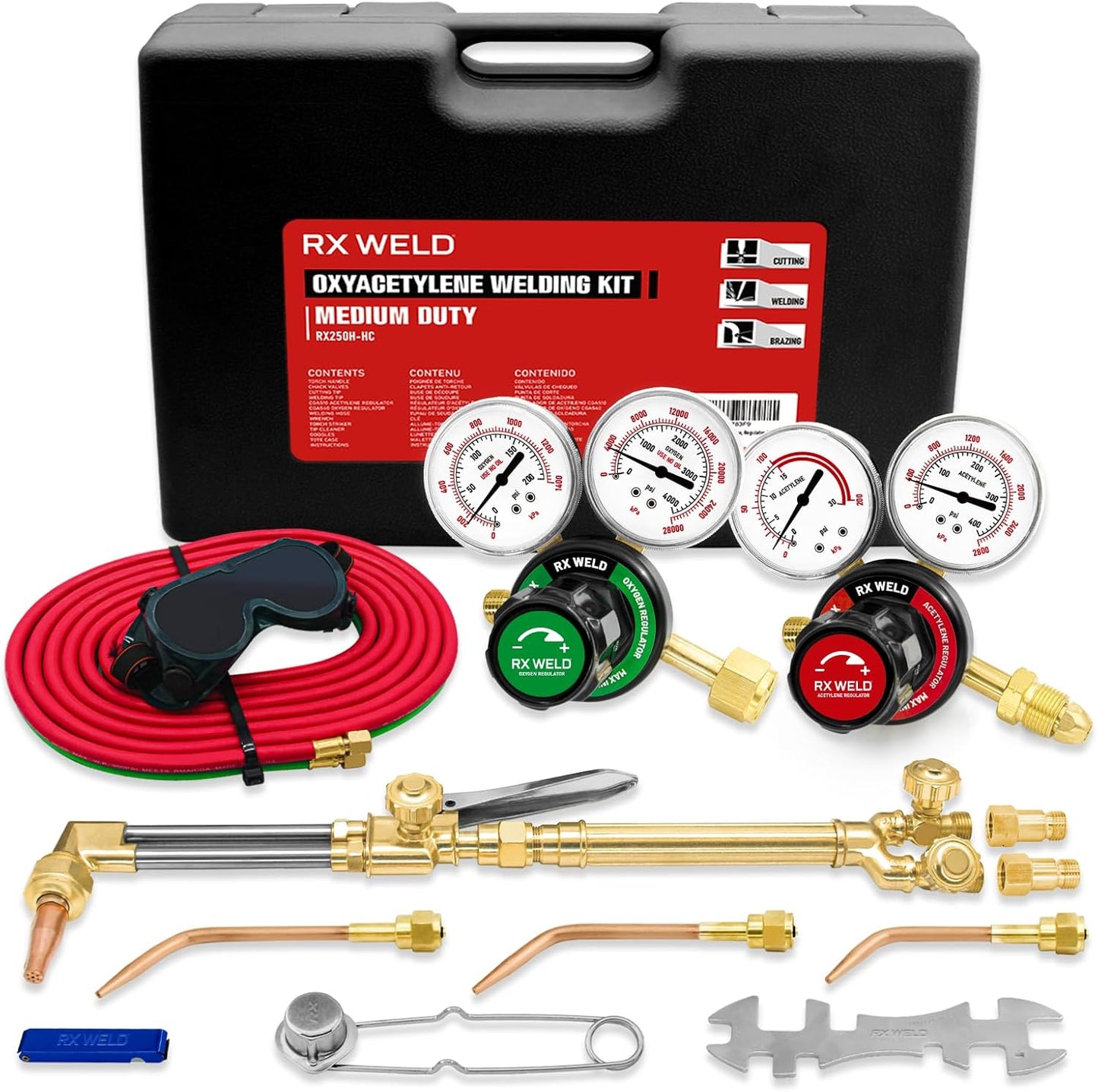 RX WELD Medium Duty Oxy Acetylene Torch Kit with Check Valves - Cutting, Welding & Brazing Tool Set (CGA540\/CGA510)