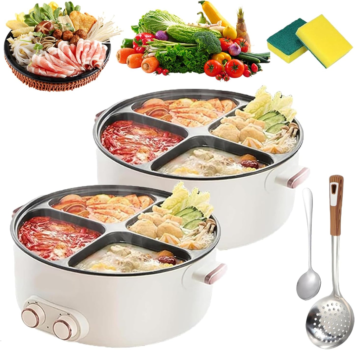 Electric Pots 4 Compartmen, Mandarin Duck Electric Chafing Dish, Multi-functional Household 6 Liters Capacity Integrated Hot Pot with Slow Cooker Function, 2000W, Ideal for Family Meals (2Pcs)