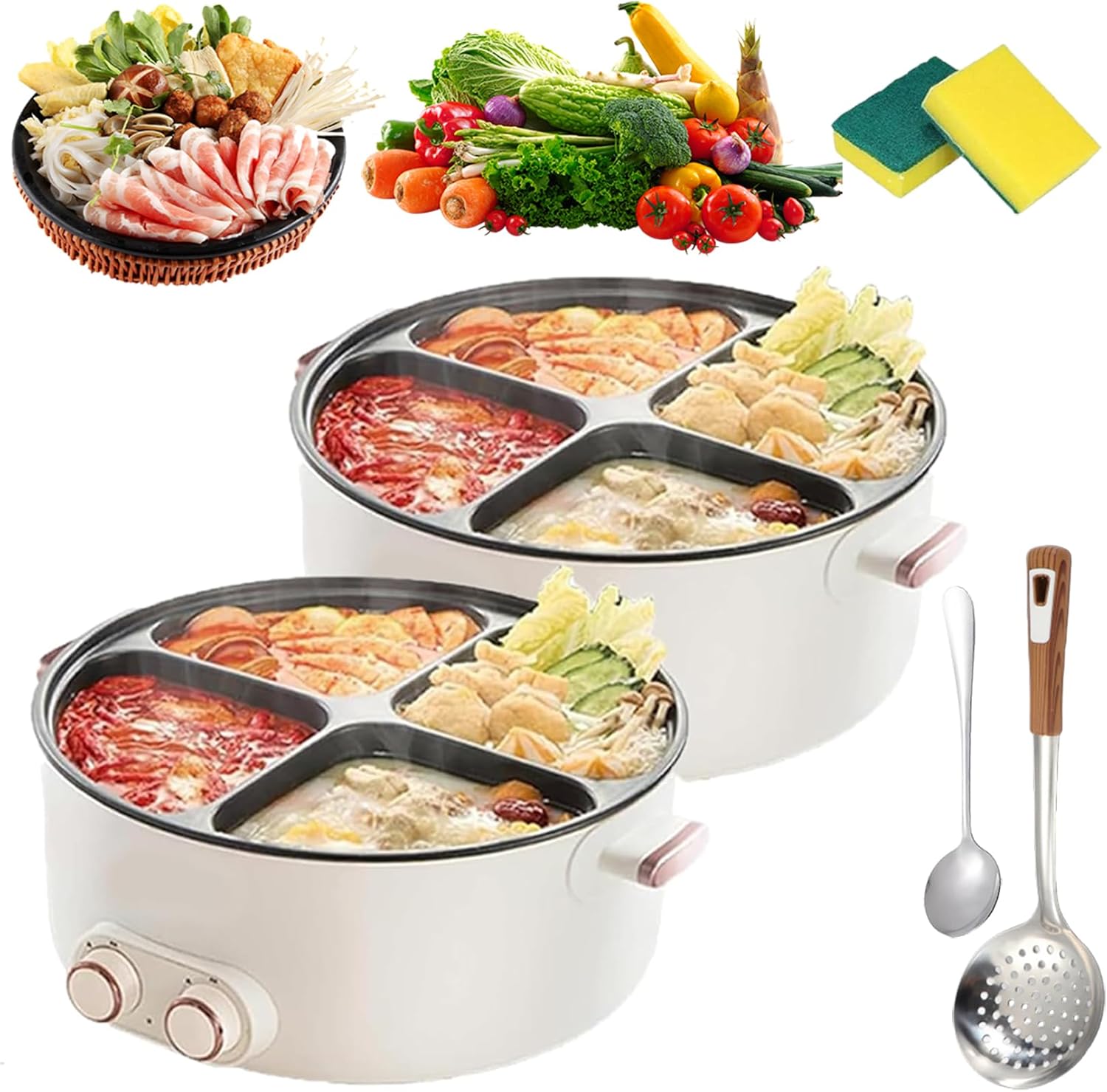 Electric Pots 4 Compartmen, Mandarin Duck Electric Chafing Dish, Multi-functional Household 6 Liters Capacity Integrated Hot Pot with Slow Cooker Function, 2000W, Ideal for Family Meals (2Pcs)