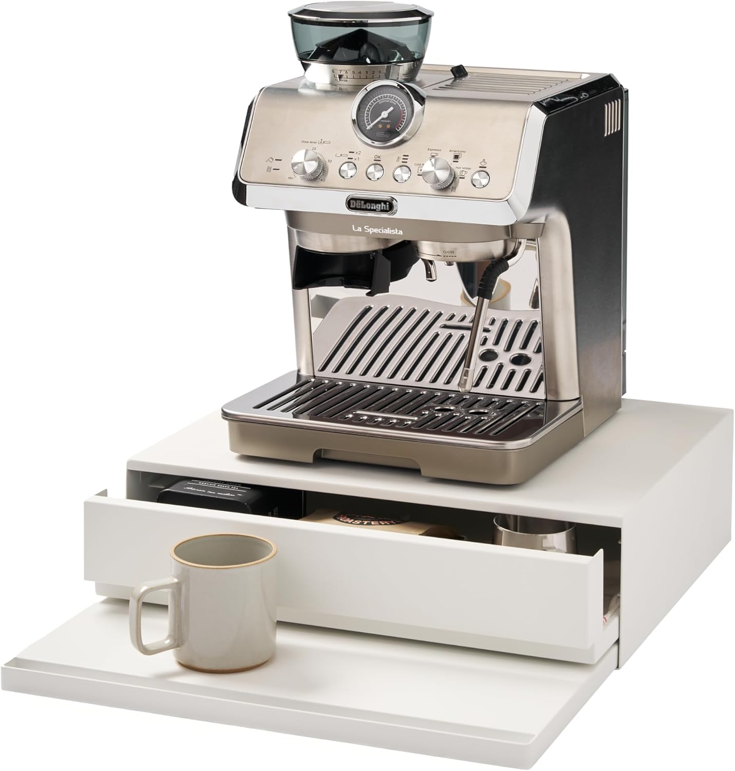 YAMAZAKI Home Tower Kitchen Countertop Organizer Appliance Stand with Drawer and Pull-Out Shelf \u2013 Steel Microwave Stand with Drawer, Modern Countertop Shelf Organizer, White, Space-Saving Design