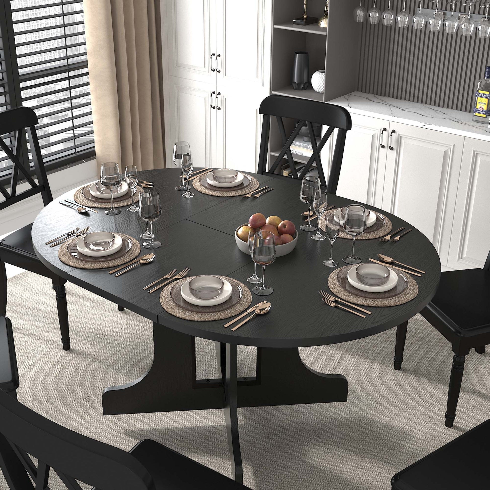 Sunrinx Black Contemporary/Modern Extending Wood Dining Table, with Black Finish and Wood Trestle Base 59.06-in L x 29.53-in H