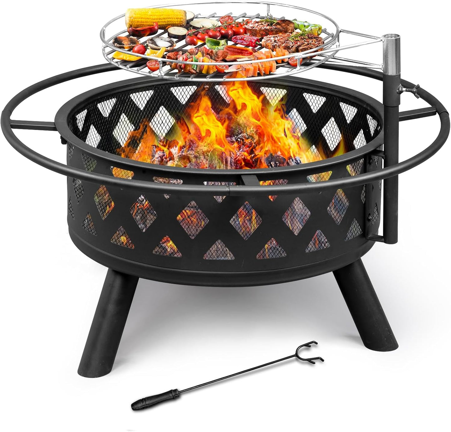 Outvita Fire Pit, 31 Inch Outdoor Wood Burning Firepits with Swivel Steel BBQ Cooking Grill, Spark Screen & Poker Large Fire Bowl for Backyard Garden Patio Bonfire BBQ