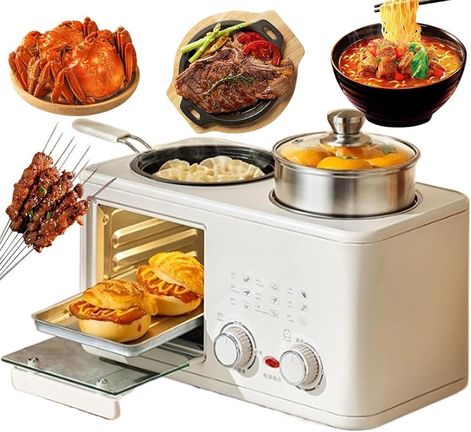 Electric Breakfast Machine,4-in-1 Breakfast Maker Station with 8L Oven, Frying Pan and Steamer, 0-60Min Timer Knob, S-Type Double Heating Tube, 1200W Breakfast Egg Sandwich Maker for Home